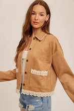 Camel Crochet Trim Blanket Stitched Suede Crop Jacket