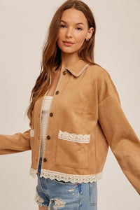 Camel Crochet Trim Blanket Stitched Suede Crop Jacket