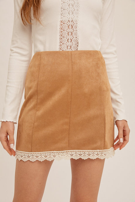 Camel Crochet Trimmed Suede Mini Skirt
