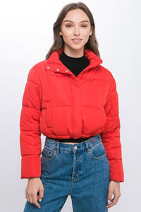 Red Puffer Jacket with Zipper and Snap Closure