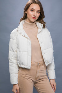 Ivory Puffer Jacket with Zipper and Snap Closure