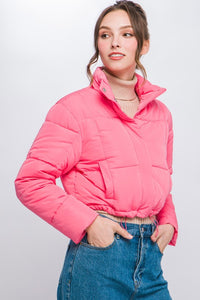 Pink Puffer Jacket with Zipper and Snap Closure