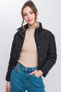 Black Puffer Jacket with Zipper and Snap Closure