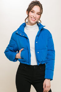 Blue Puffer Jacket with Zipper and Snap Closure