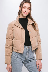 Khaki Puffer Jacket with Zipper and Snap Closure