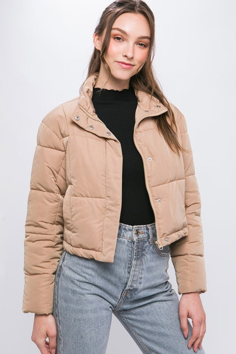 Khaki Puffer Jacket with Zipper and Snap Closure