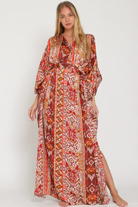 Brick/Camel/Coral Kimono Sleeve Tie Back Waisted Maxi Dress