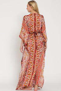 Brick/Camel/Coral Kimono Sleeve Tie Back Waisted Maxi Dress