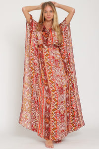 Brick/Camel/Coral Kimono Sleeve Tie Back Waisted Maxi Dress