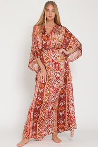 Brick/Camel/Coral Kimono Sleeve Tie Back Waisted Maxi Dress