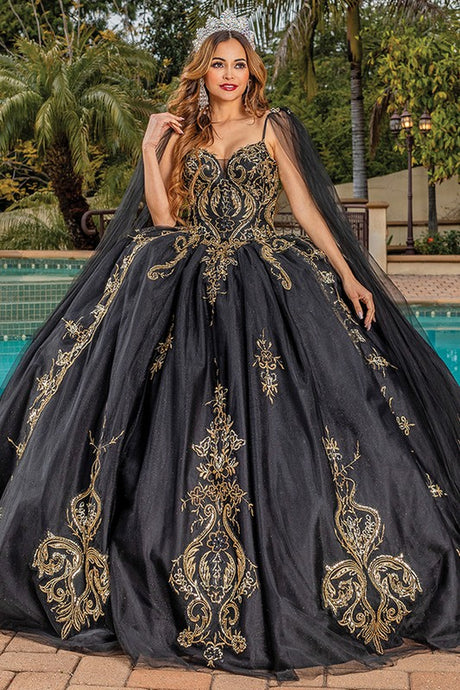 Black Capelet Golden Embroidery Quinceanera Dress