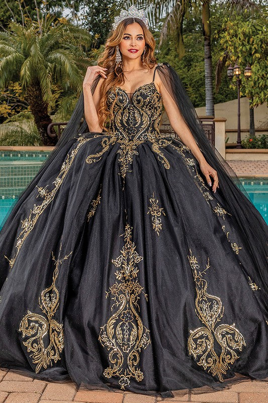 Black Capelet Golden Embroidery Quinceanera Dress Aquarius Brand Black Capelet Golden Embroidery Quinceanera Dress Aquarius Brand