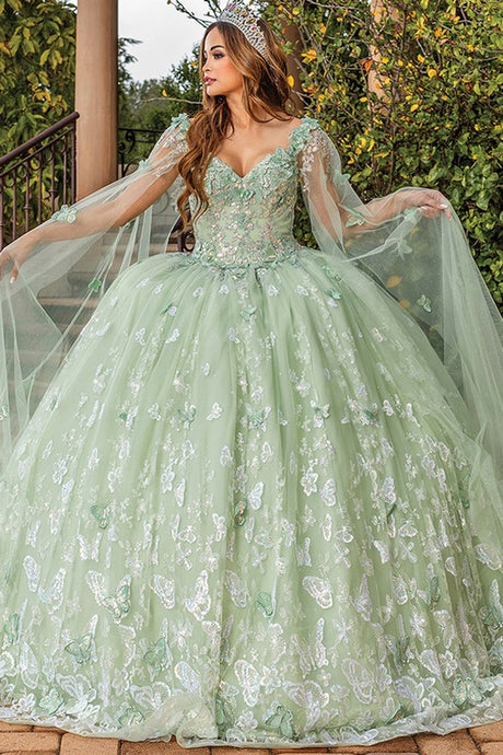 Sage Capelet Sequin Glitter Ball Gown