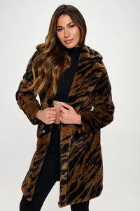 Zebra Brown Faux Fur Trench Coat