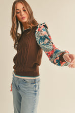 Brown Teal Mult Cable Knit Sweater Top With Woven Floral Sleeves