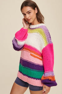 Hot Pink Multi Open Mixed Knit Slouchy Hand Crochet Sweater