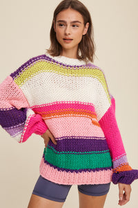 Hot Pink Multi Open Mixed Knit Slouchy Hand Crochet Sweater