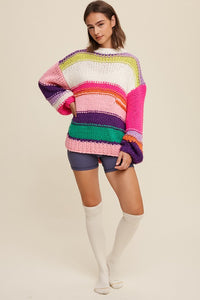 Hot Pink Multi Open Mixed Knit Slouchy Hand Crochet Sweater