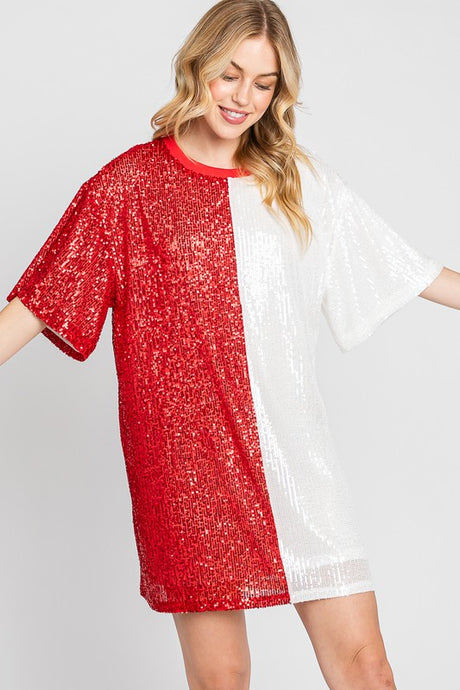Red/White Game Day Two-tone Sequin Oversized Tunic Dress