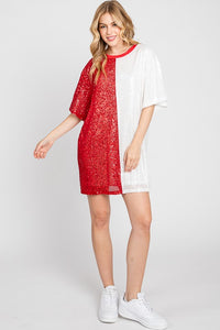 Red/White Game Day Two-tone Sequin Oversized Tunic Dress