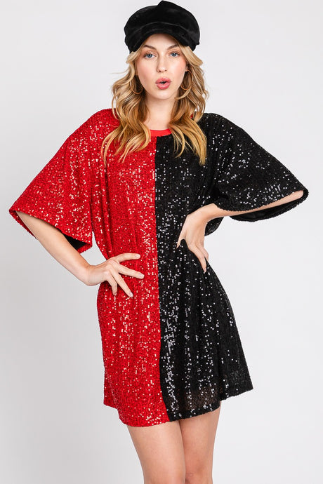 Black/Red Game Day Two-tone Sequin Oversized Tunic Dress
