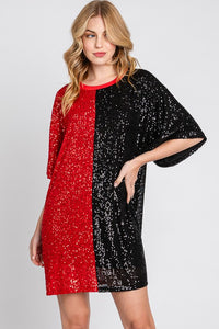 Black/Red Game Day Two-tone Sequin Oversized Tunic Dress