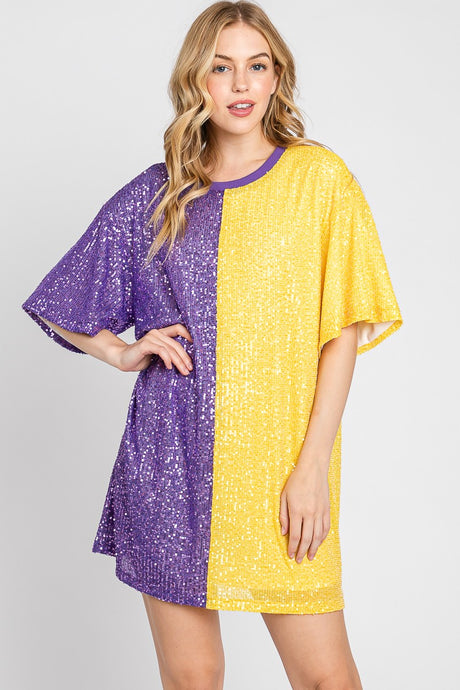 Purple/Yellow Color Block Sequin Dress Top