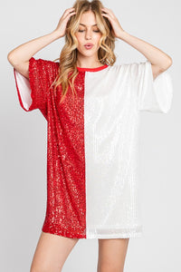 Red/White Game Day Two-tone Sequin Oversized Tunic Dress