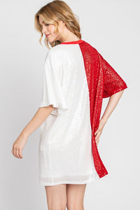 Red/White Game Day Two-tone Sequin Oversized Tunic Dress