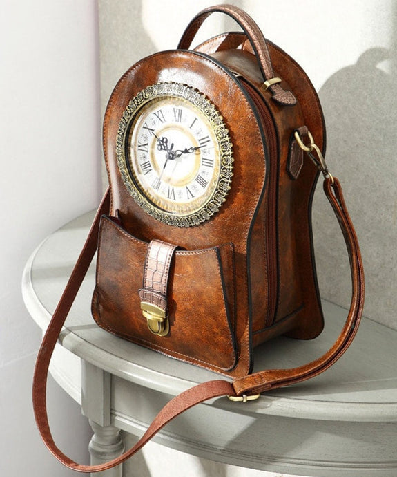 Brown Clock Shaped Pu Leather Backpack