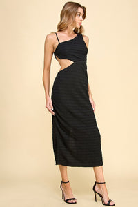 Black Asymmetric Neckline Midi Dress