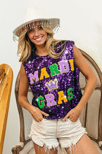 Purple Mardi Gras Letter Patches Sequin Sleeveless Top