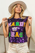 Purple Mardi Gras Letter Patches Sequin Sleeveless Top