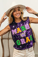 Purple Mardi Gras Letter Patches Sequin Sleeveless Top