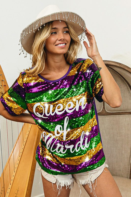 Purple Queen Of Mardi Printed Stripe Sequins Dress