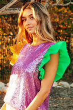Purple Mardi Gras Color Block Sequin Top Organza Sleeve
