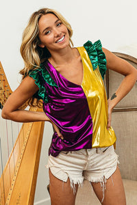Purple/Mustard Mardi Gras Ruffled Metallic Top