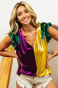 Purple/Mustard Mardi Gras Ruffled Metallic Top