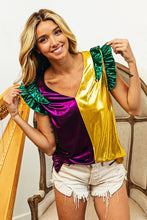 Purple/Mustard Mardi Gras Ruffled Metallic Top