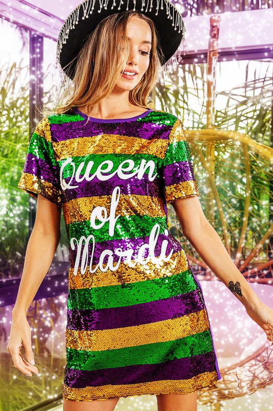 Purple Mardi Gras Printed Color Block Sequins Dress