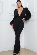 Black Faux Feather Sleeve Bell Bottom Jumpsuit