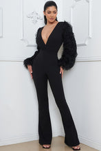 Black Faux Feather Sleeve Bell Bottom Jumpsuit