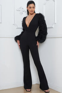 Black Faux Feather Sleeve Bell Bottom Jumpsuit