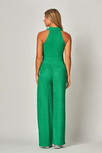 Pine Green Crinkle Textured Collar Zip-up 2pc Loungewear Set