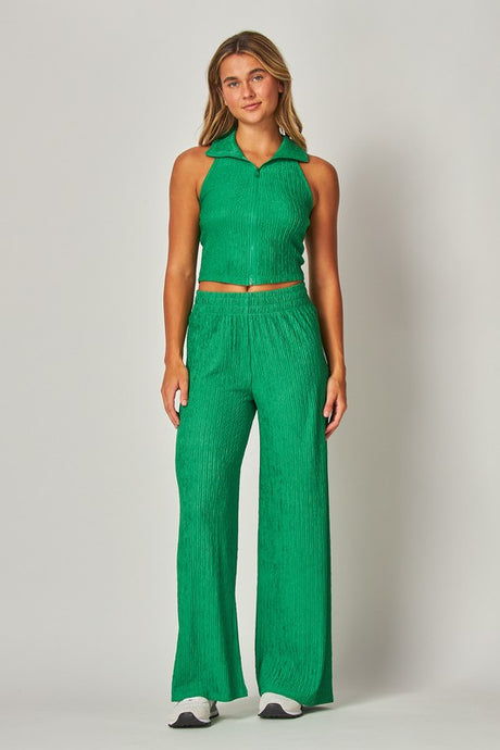 Pine Green Crinkle Textured Collar Zip-up 2pc Loungewear Set
