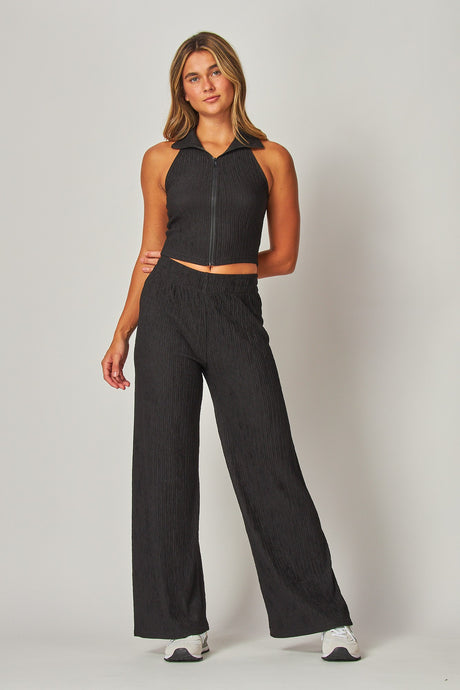 Black Crinkle Textured Collar Zip-up 2pc Loungewear Set