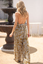 Golden Olive/Blue Halter Backless Tie Back Waisted Jumpsuit