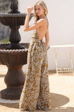 Golden Olive/Blue Halter Backless Tie Back Waisted Jumpsuit