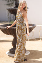Golden Olive/Blue Halter Backless Tie Back Waisted Jumpsuit