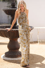 Golden Olive/Blue Halter Backless Tie Back Waisted Jumpsuit